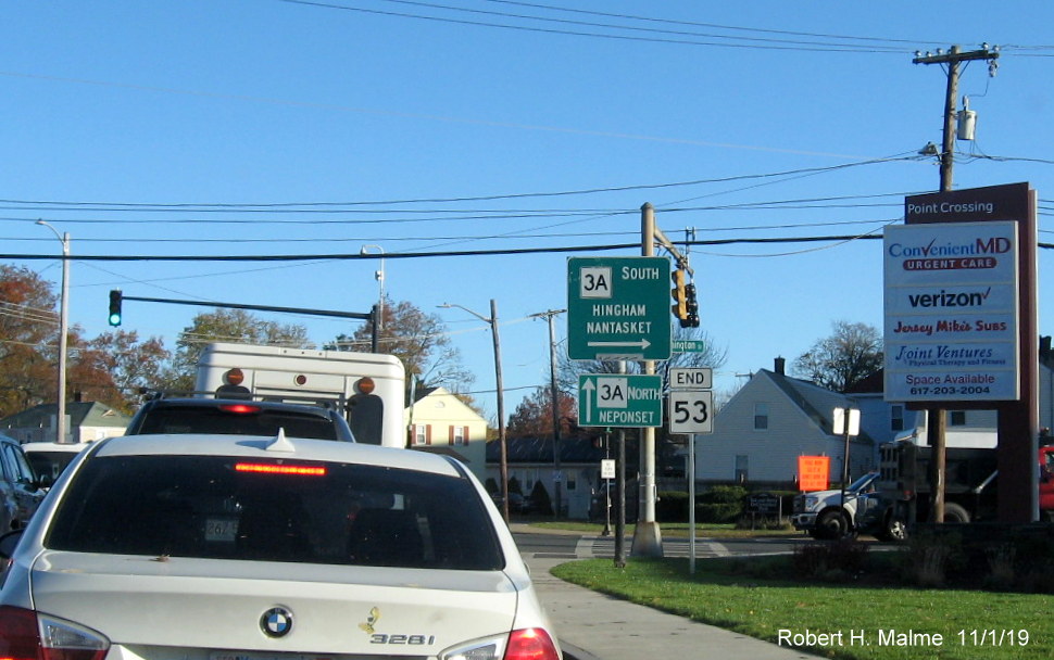 Image of new MA 53 end sign placed at intersection of Southern Artery and Washington Street in Quincy in the fall of 2019