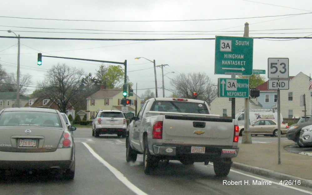 Image of End MA 53 sign at intersection with MA 3A in Quincy