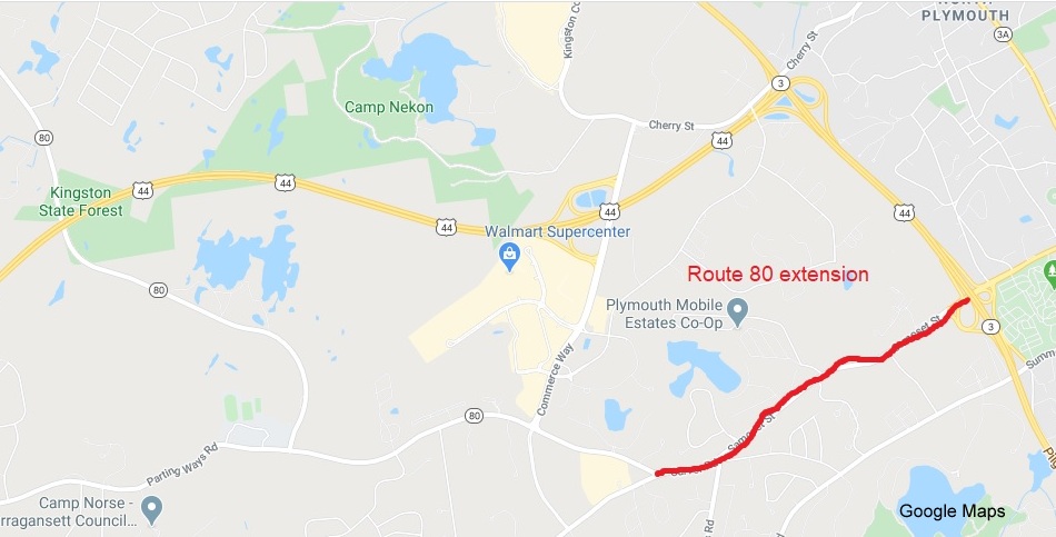 Google Map of proposed extension of MA 80 to MA 3 in Plymouth, created April 2020