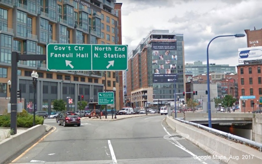 Google Maps Street View image of proposed beginning of MA 99 North at Haymarket Square
