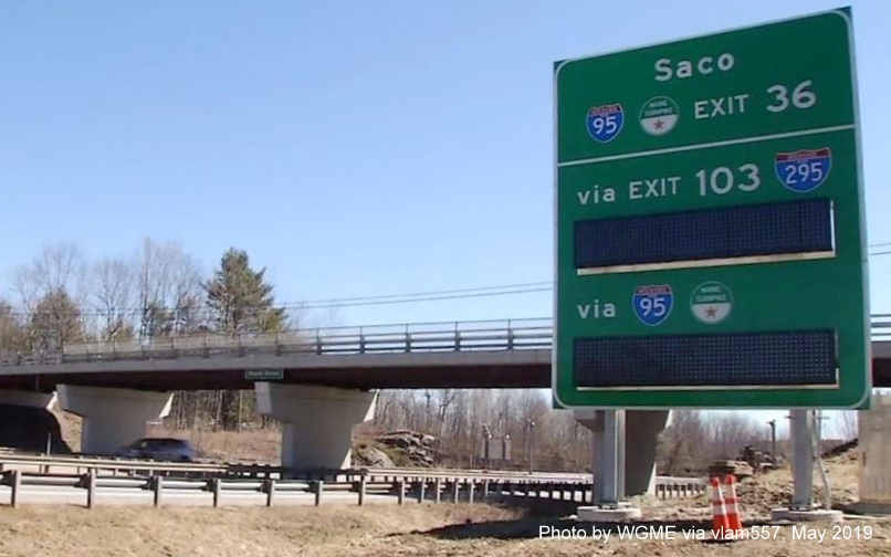 Image of newly installed travel time to Saco on I-95/Maine Turnpike South in Augusta, by WGME via vlam557