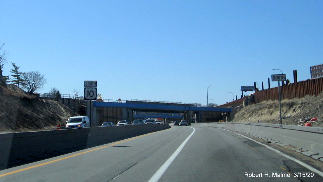 Image of erroneous South US 10 reassurance marker in median of US 6/RI 10 interchange construction area, taken in March 2020