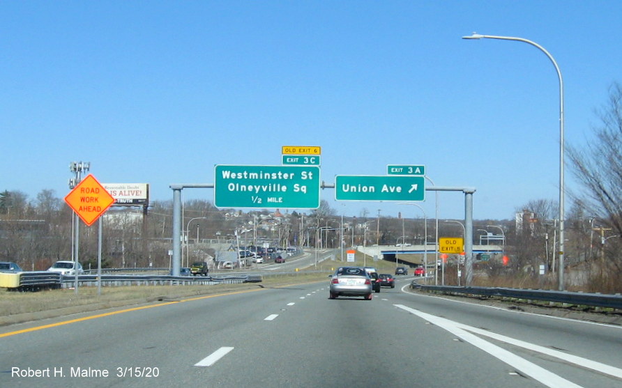 Image of overhead signage at ramp to Union Avenue on RI 10 North in Providence with new exit numbers and old exit number tabs, only one on top, taken in March 2020