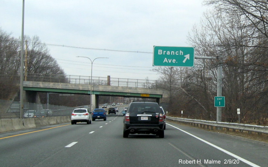 Image of overhead ramp sign with added Exit 1 sign for Branch Avenue exit on RI 146 North in Providence