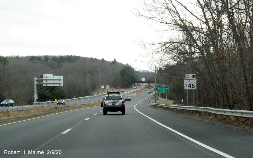 Image of recently placed South RI 146 reassurance marker following on-ramp from RI 146A exit in North Smithfield