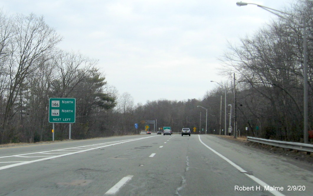 Image of recently placed guide sign along RI 146 South indicating traffic should be in left lane to access RI 146 and RI 146A North, in North Smithfield