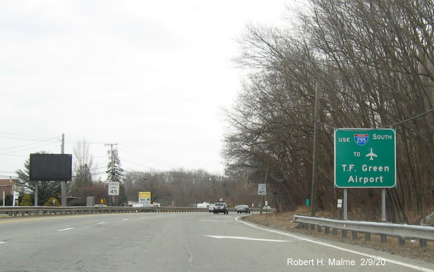 Image of recently placed ground mounted sign advising traffic how to reach TF Green Airport on RI 146 South in North Smithfield
