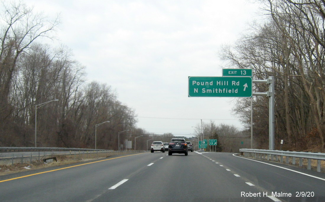 Image of recently placed overhead ramp sign for Pound Hill Road on RI 146 North in North Smithfield