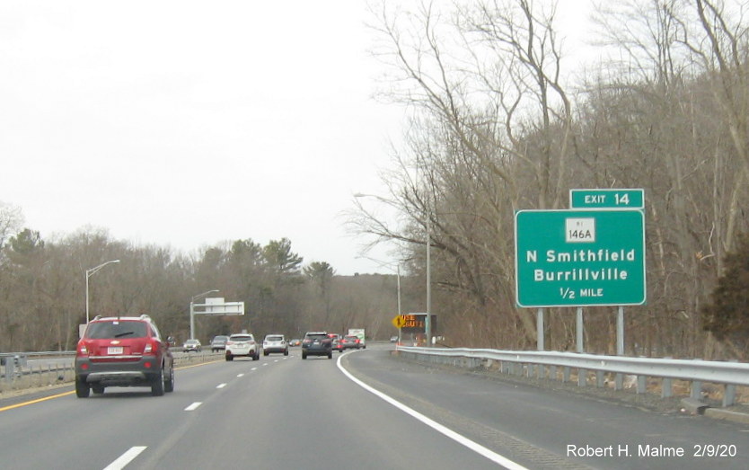 Image of ground mounted 1/2 mile advance sign with new milepost based exit number for RI 146A exit on RI 146 North in North Smithfield