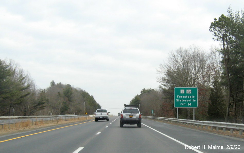 Image of ground mounted auxiliary sign with new milepost based exit number for RI 146A exit on RI 146 South in North Smithfield