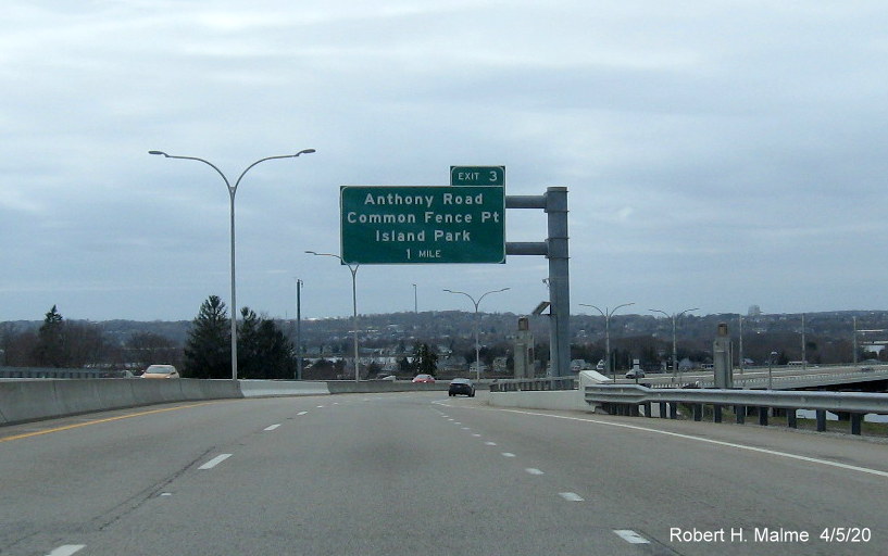 Image of overhead sign for the Anthony Road exit on RI 24 South, not to be replaced under current exit sign replacement project, taken in April 2020