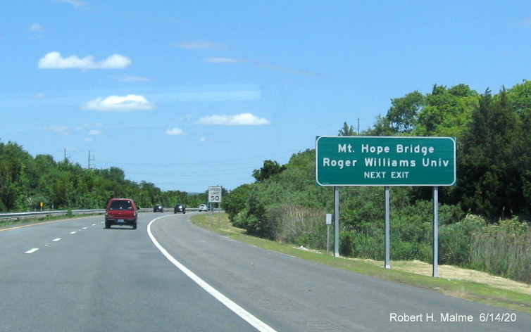 Recently placed ground mounted auxiliary sign for Boyds Lane exit on RI 24 North in Portsmouth, taken June 2020