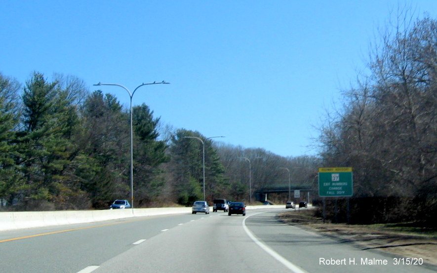 Image of ground mounted advisory sign about the changing of exit numbers along RI 37 in the Fall of 2019, taken March 2020