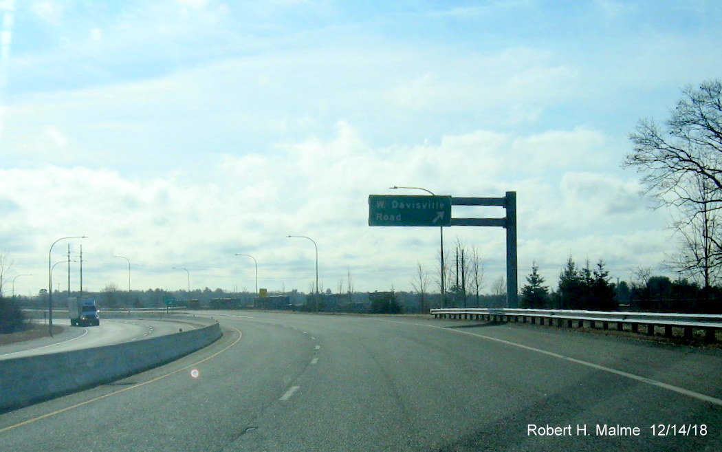 Image of existing overhead exit ramp sign for West Davisville Rd, soon to be Exit 2, on RI 403 East in East Greenwich