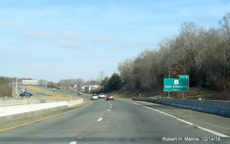 Image of existing 1 Mile advance sign for RI 2 exit to be changed under exit renumbering contract on RI 4 North