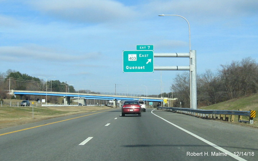 Image of RI 403 overhead exit sign that will not be changed as part of RI 4 exit renumbering contract