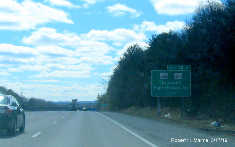 Image of new exit sign with unchanged exit number for RI 403/RI 402 exit on RI 4 South in East Greenwich