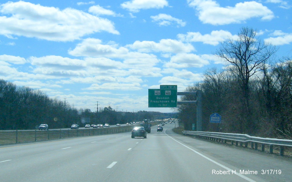 Image of existing overhead sign, not replaced, for RI 403/RI 402 exit on RI 4 South in East Greenwich