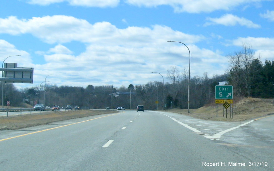 Image of new exit number gore sign with old exit number tab for RI 2 exit on RI 4 South in East Greenwich