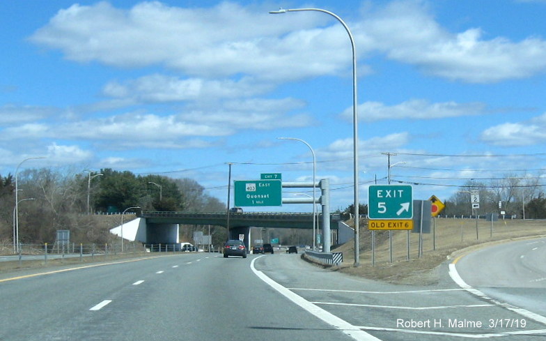 Image of new gore sign with new exit number and old exit number tab for RI 2 exit on RI 4 North in East Greenwich