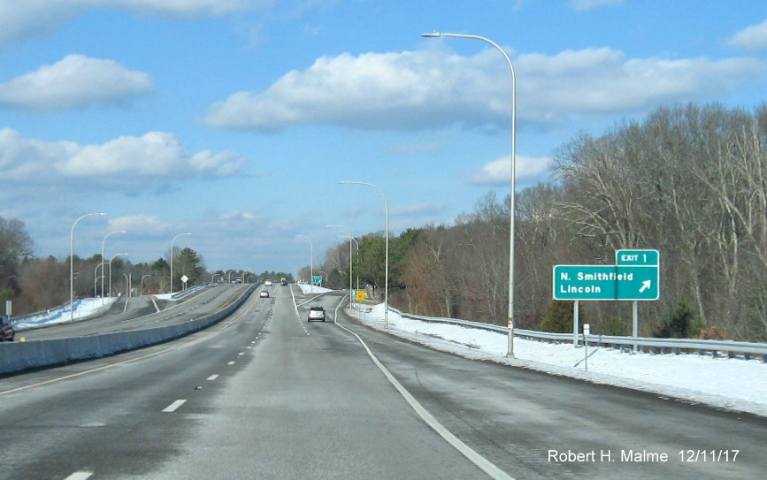 Image of Exit sign for Lincoln/No. Smithfield on RI 99 North with new exit number, 1