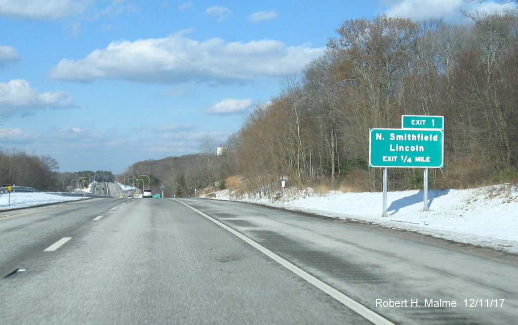 Image of 1/4 mile advance sign for Lincoln/No. Smithfield exit on RI 99 North now with exit number, 1