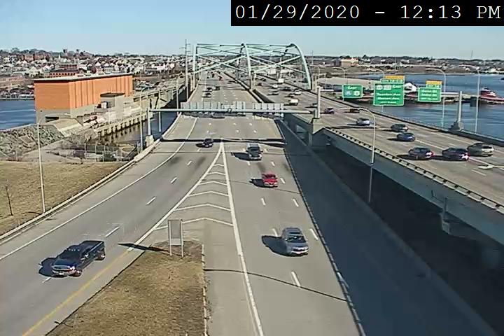 RIDOT traffic camera image of new exit numbers on overhead signs on I-195 East just after the I-95 interchange in Providence