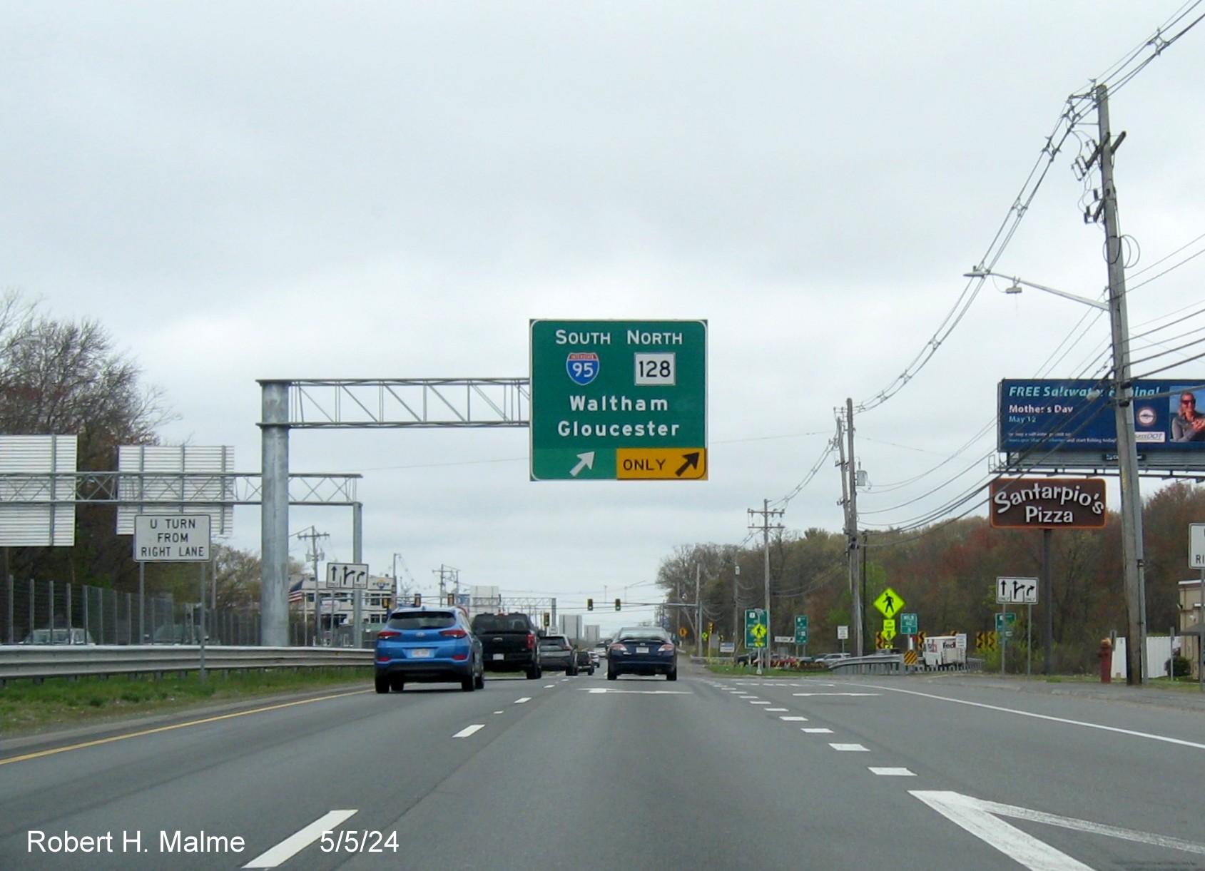 Image of 1/4 Mile left-side advance overhead sign for I-95 South (I-95) MA 128 North exit on US 1 North in Lynnfield, May 2024