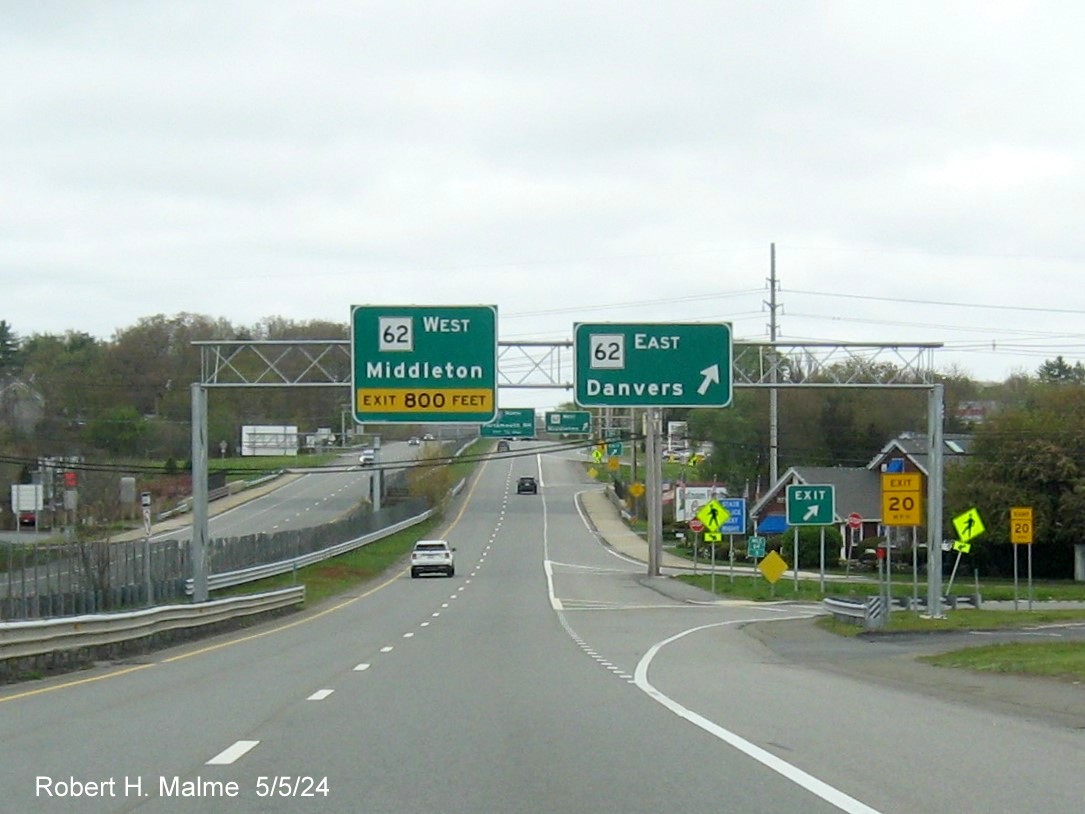 Image of recently placed overhead signs at the ramp for the MA 62 East exit on US 1 North in Danvers, May 2024