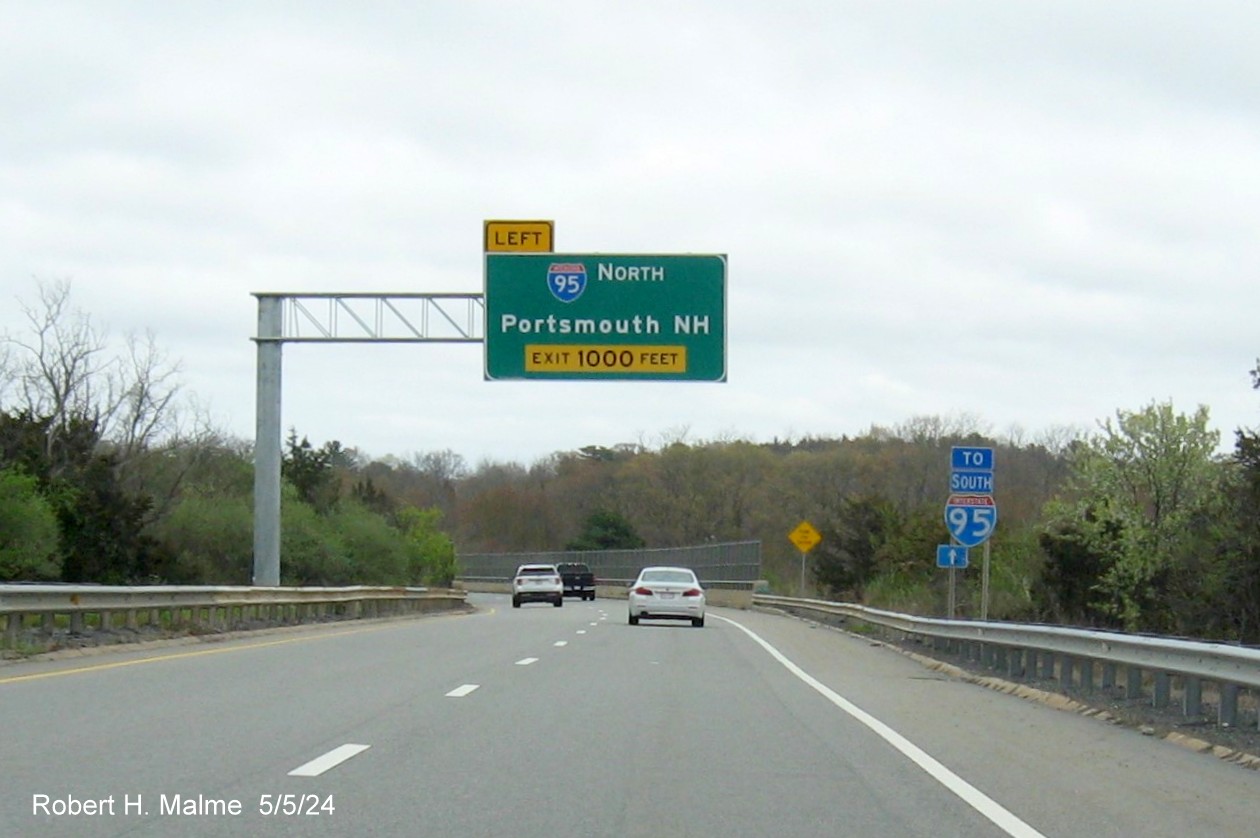 Image of recently placed left exit tabbed overhead ramp signs for I-95 North ramp on US 1 North in Danvers, May 2024