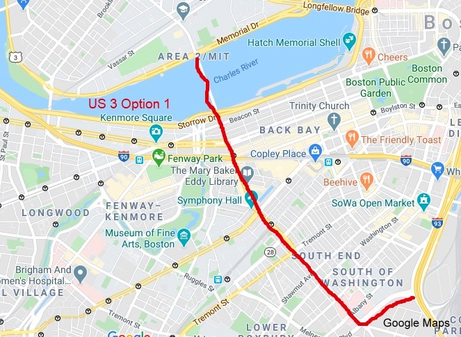 Google Maps image of proposed rerouting of US 3 between Boston and Cambridge using Massachusetts Avenue, created March 28, 2020 