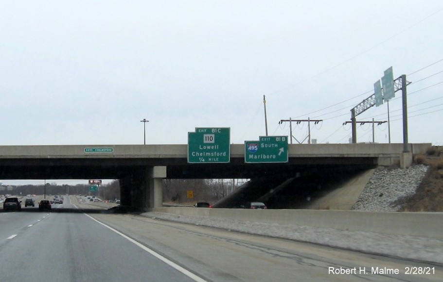 Image of overhead ramp sign for I-495 South exit with new milepost based exit number on US 3 North in Chelmsford, February 2021