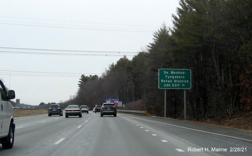 Image of auxiliary sign for Middlesex Road exit with new milepost based exit number on US 3 North in Tyngsborough, February 2021