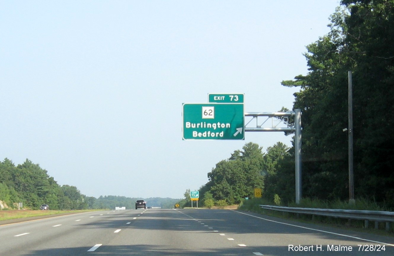 Image of recently placed overhead ramp sign for MA 62 exit on US 3 North in Burlington, July 2024