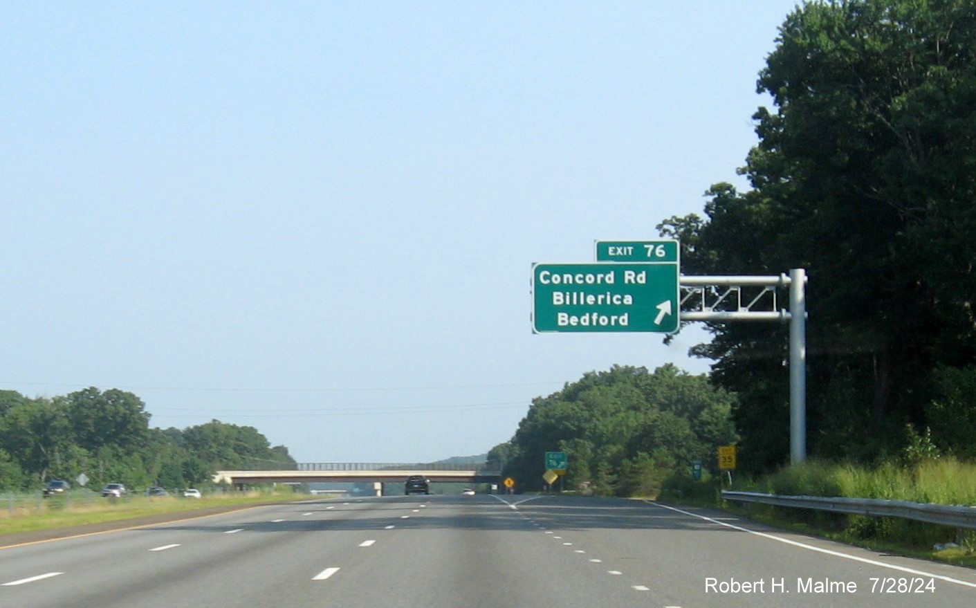 Image of recently placed overhead ramp sign for Concord Road exit on US 3 North in Bedford, July 2024