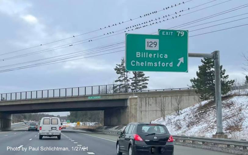 Image of overhead ramp sign for MA 129 exit with new milepost based exit number on US 3 South in Chelmsford, by Paul Schlichtman, January 2021