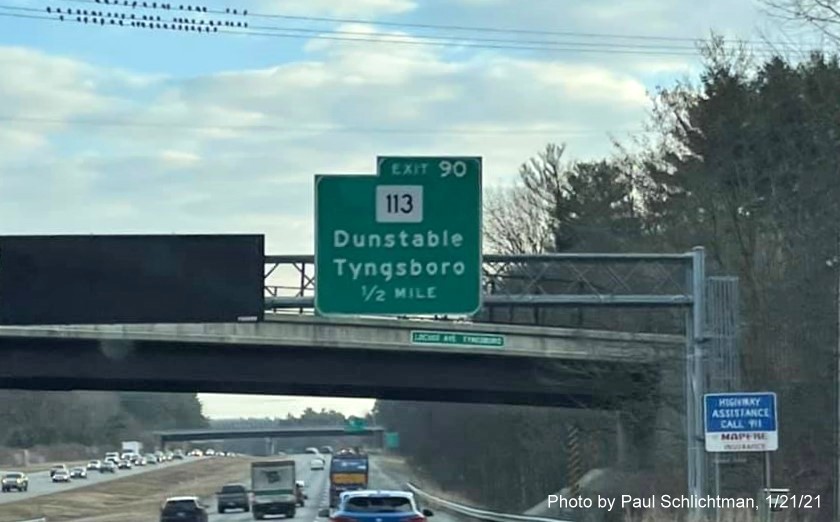 Image of 1/2 mile advance sign for MA 113 exit with new milepost based exit number on US 3 South in Tyngsborough, by Paul Schlichtman, January 2021