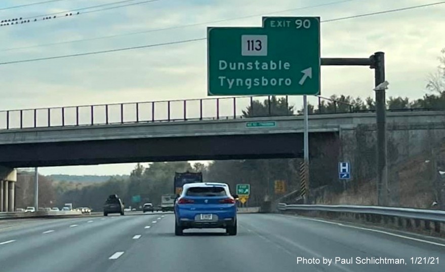 Image of overhead ramp sign for MA 113 exit with new milepost based exit number on US 3 South in Tyngsborough, by Paul Schlichtman, January 2021