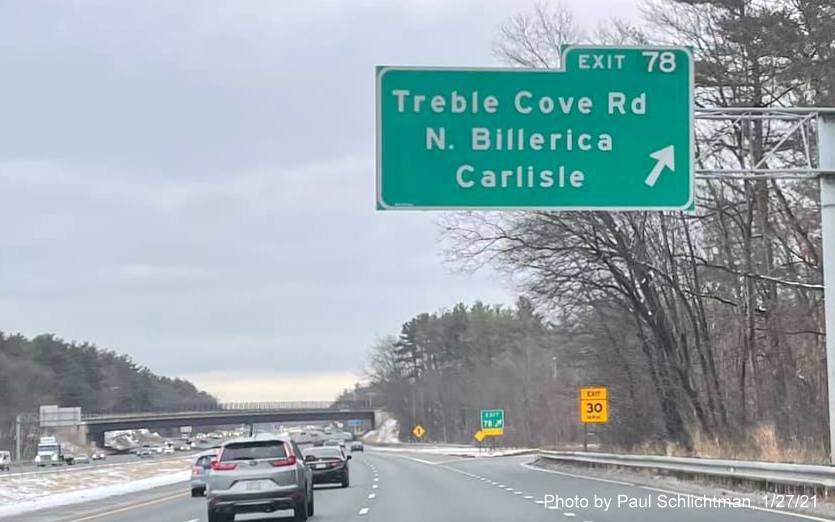 Image of overhead ramp sign for Treble Cove Road exit with new milepost based exit number on US 3 South in Billerica, by Paul Schlichtman, January 2021