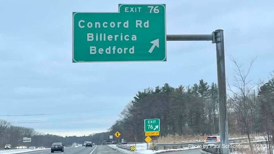 Image of overhead ramp sign for Concord Road exit with new milepost based exit number and gore sign with new number and yellow old exit number sign below on US 3 South in Billerica, by Paul Schlichtman, January 2021