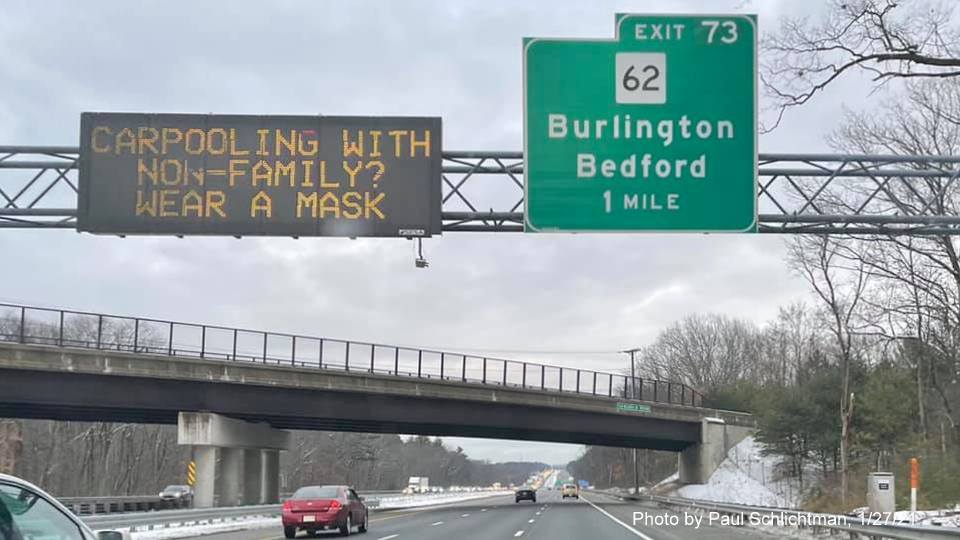 Image of 1-Mile advance overhead sign for MA 62 exit with new milepost based exit number on US 3 South in Bedford, by Paul Schlichtman, January 2021