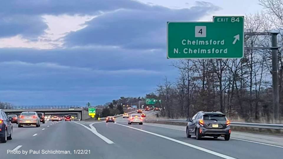 Image of overhead ramp sign for MA 4 exit with new milepost based exit number on US 3 South in Chelmsford, by Paul Schlichtman, January 2021