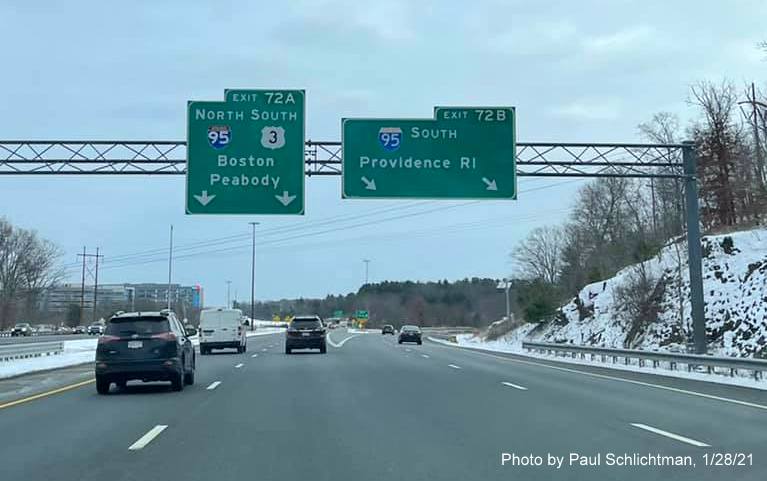 Image of overhead signs for I-95 exits with new milepost based exit numbers on US 3 South in Burlington, by Paul Schlichtman, January 2021