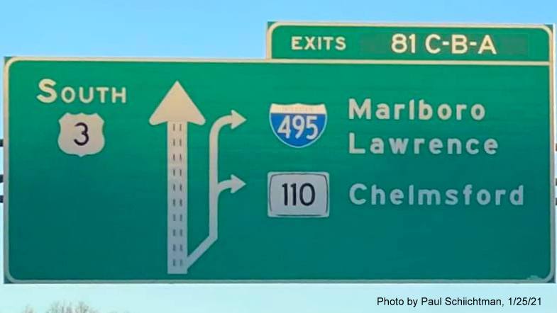 Image of 1/2 Mile advance diagrammatic sign for I-495/MA 110 exits with new milepost based exit numbers on US 3 South in Chelmsford, by Paul Schlictman, January 2021
