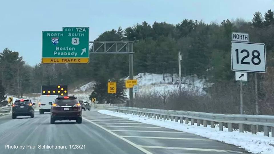 Image of overhead ramp sign for I-95 North/US 3 South exit with new milepost based exit number on US 3 South in Burlington, by Paul Schlichtman, January 2021