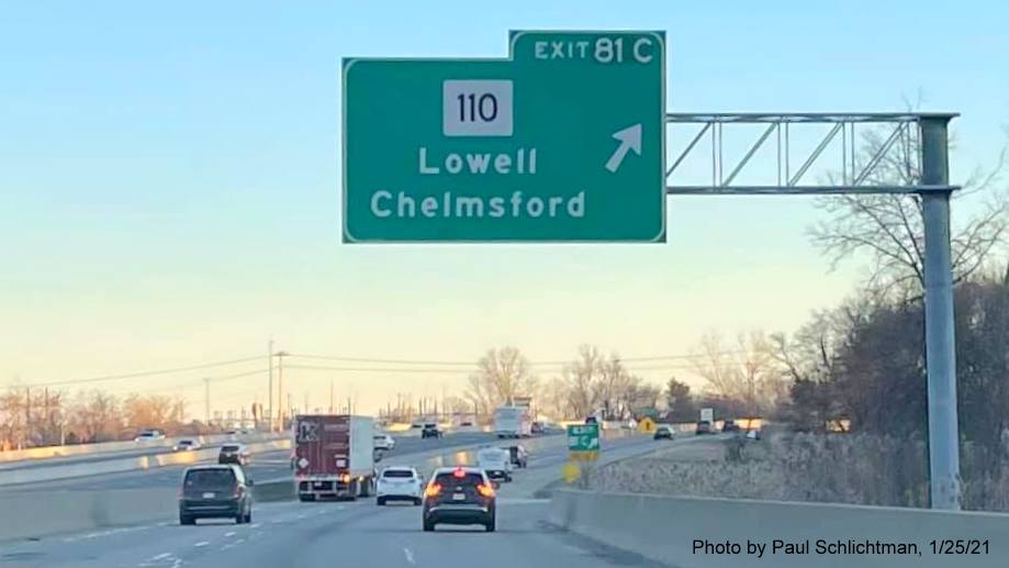 Image of overhead ramp sign for the MA 110 exit with new milepost based exit numbers on US 3 South in Chelmsford, by Paul Schlictman, January 2021