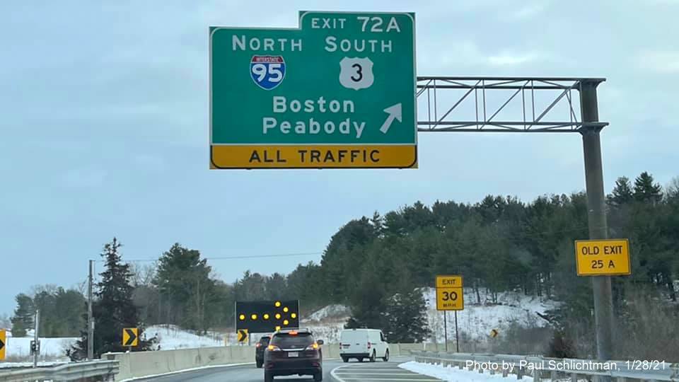Image of overhead ramp sign for I-95 North/US 3 South exit with new milepost based exit number and yellow Old exit sign on support post on US 3 South in Burlington, by Paul Schlichtman, January 2021
