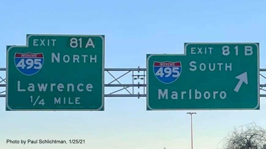 Image of overhead ramp sign for I-495 South exit with new milepost based exit number on US 3 South in Chelmsford, by Paul Schlictman, January 2021