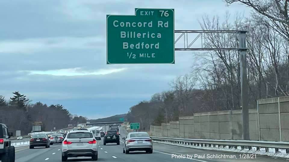Image of 1/2 mile advance overhead sign for Concord Road exit with new milepost based exit number on US 3 North in Billerica, by Paul Schlichtman, January 2021