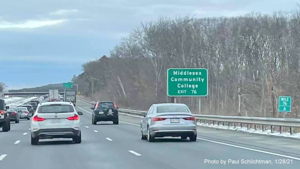 Image of auxiliary sign for Concord Road exit with new milepost based exit number on US 3 North in Billerica, by Paul Schlichtman, January 2021